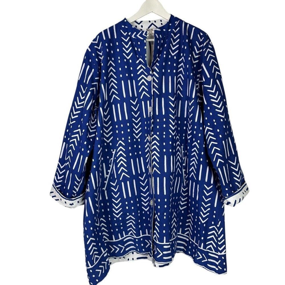 Belma Reversible Blue/White African Inspired Jacket with Pockets Plus Size